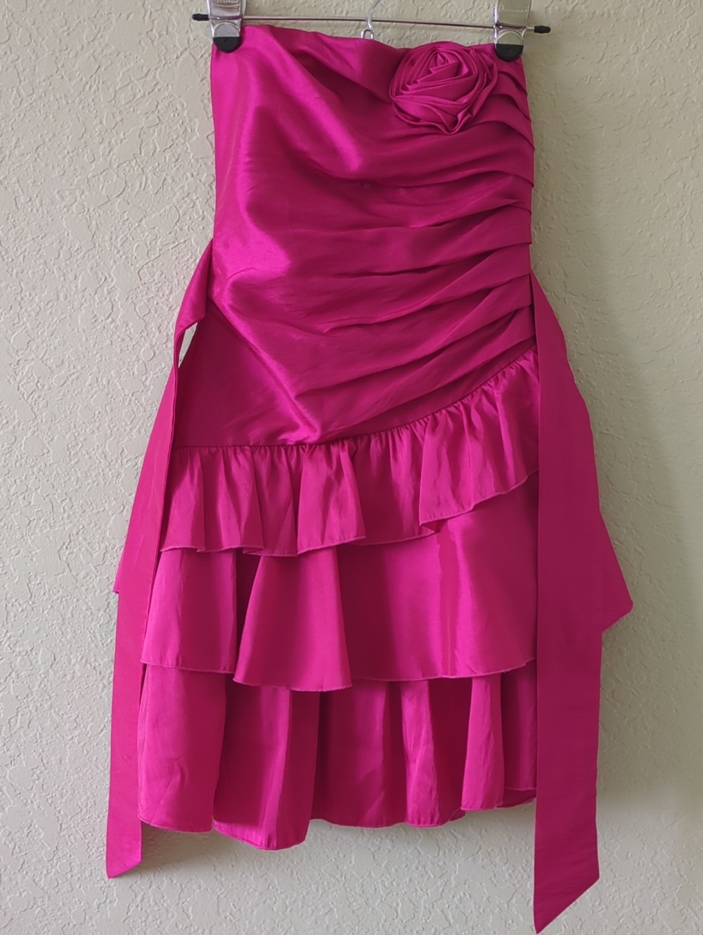 Strapless Fuchsia Ruffle Party Dress with Rosette Detail